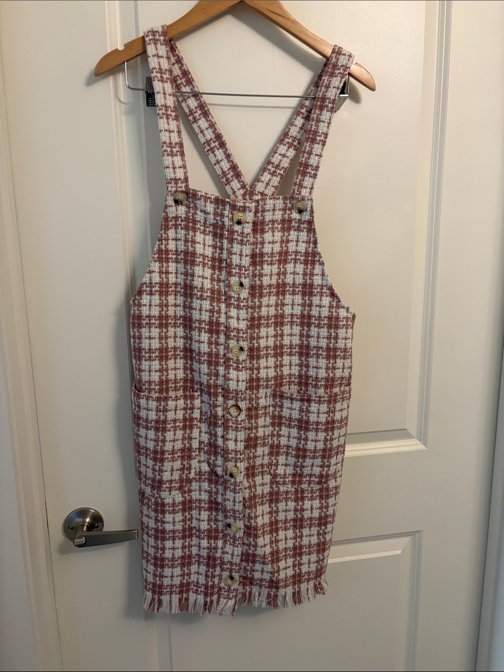 Kori Dusty Rose and White Plaid Button-Front Pinafore Dress